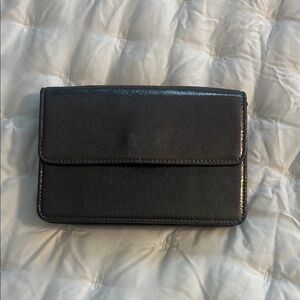 Compact Black Leather Foldover Wallet Clutch